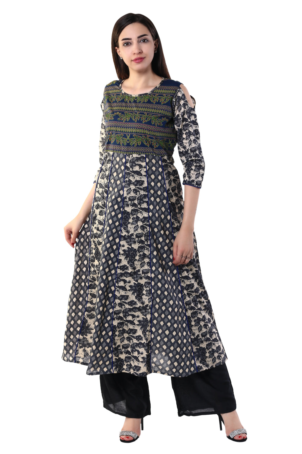 Women's Navy Blue & Green Printed Cotton Anarkali Kurti with Cold-Shoulder Sleeves