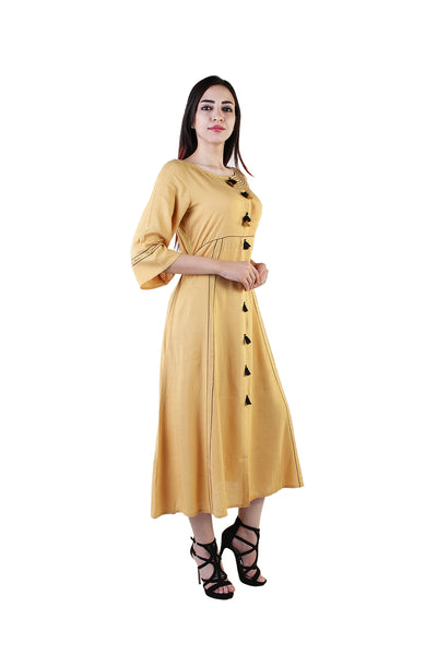 Elegant Mustard A-Line Kurti with Tassel Detailing for Women