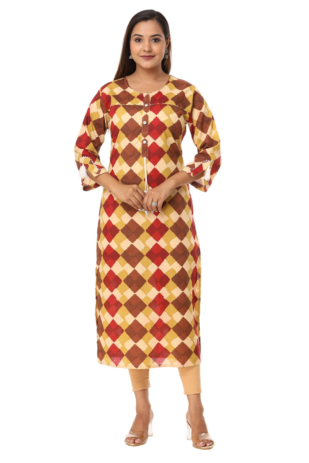 Women's Mustard & Red Argyle Print Straight Kurti Cotton Tunic for Everyday Wear