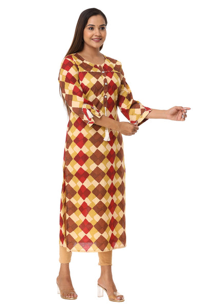 Women's Mustard & Red Argyle Print Straight Kurti Cotton Tunic for Everyday Wear