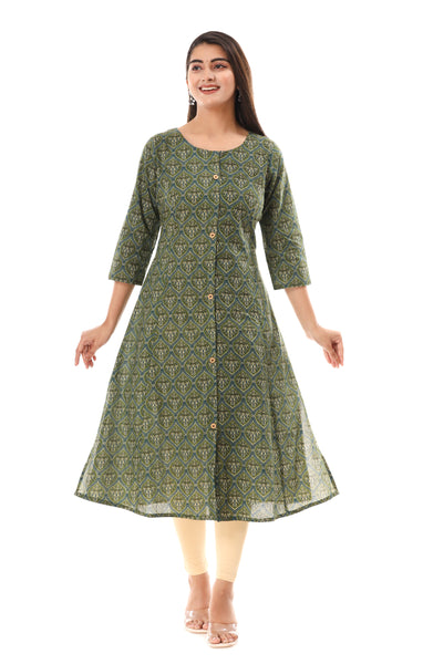 Women Printed Cotton Straight Kurta Green Kurti