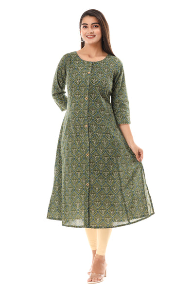 Women Printed Cotton Straight Kurta Green Kurti