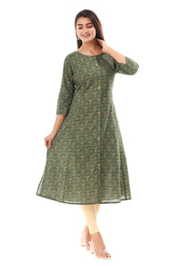 Women Printed Cotton Straight Kurta Green Kurti