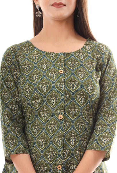 Women Printed Cotton Straight Kurta Green Kurti