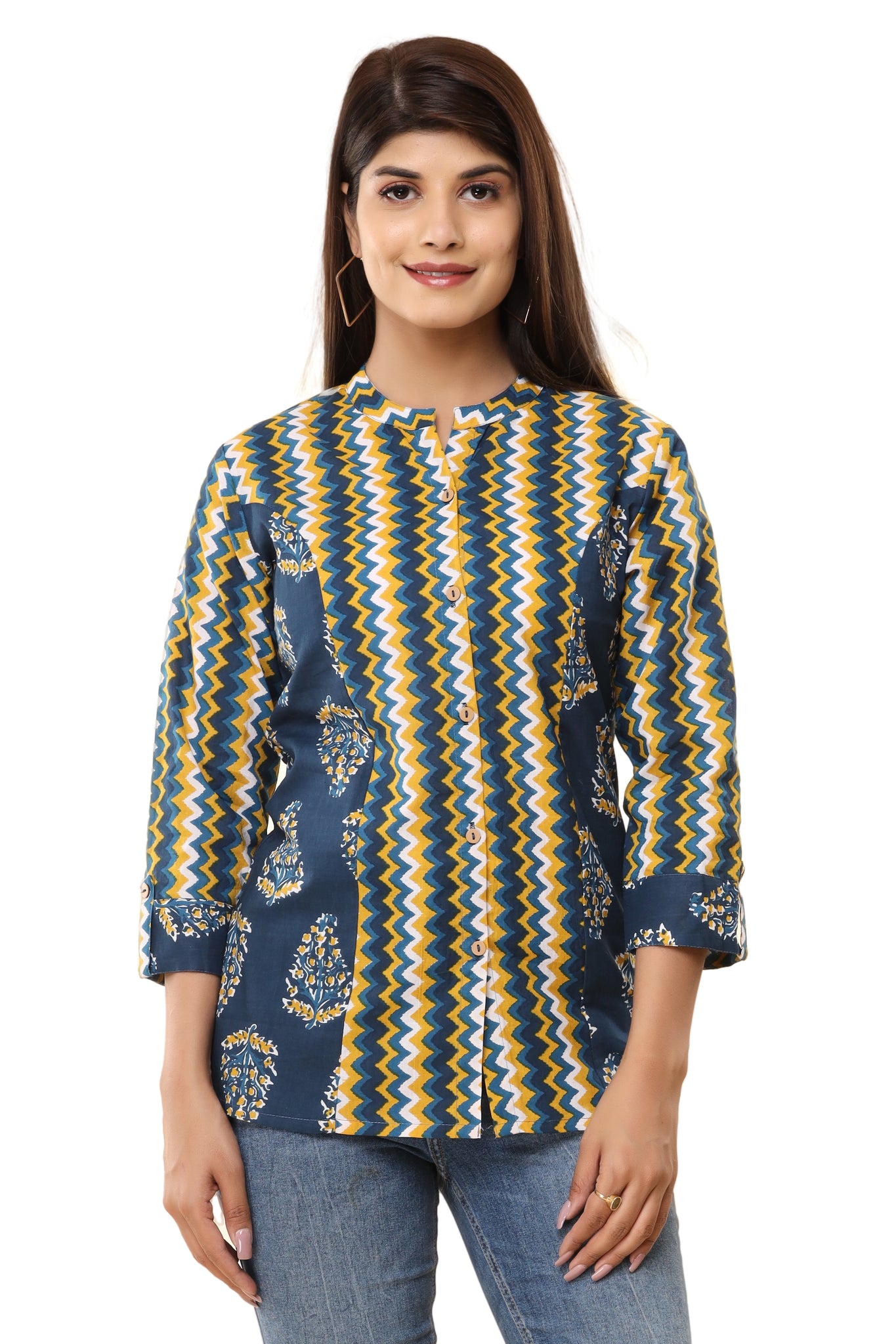 Women's Printed Cotton Shirt with Zigzag Patterns