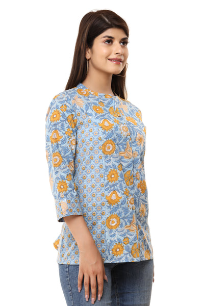 Floral Printed Tunic Casual Top for Women Shirt Kurti for Women Blue